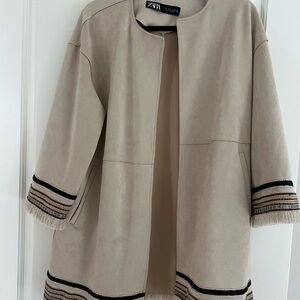 Zara Tan Faux Suede Jacket With Embroidery Around Sleeves And Hem